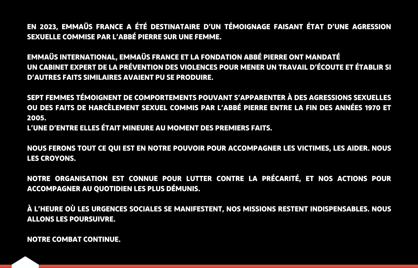 Photo : Emmaüs International, Emmaüs France et la Fondation Abbé Pierre rendent publics des faits graves commis par l’abbé Pierre.